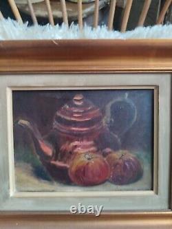 Anonymous oil on canvas Still Life with Teapot and Apples golden wood frame