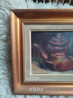 Anonymous oil on canvas Still Life with Teapot and Apples golden wood frame