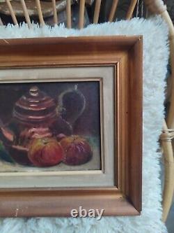 Anonymous oil on canvas Still Life with Teapot and Apples golden wood frame