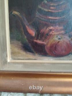 Anonymous oil on canvas Still Life with Teapot and Apples golden wood frame