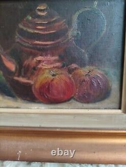 Anonymous oil on canvas Still Life with Teapot and Apples golden wood frame