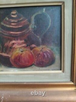Anonymous oil on canvas Still Life with Teapot and Apples golden wood frame