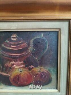 Anonymous oil on canvas Still Life with Teapot and Apples golden wood frame