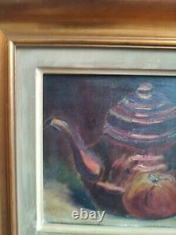 Anonymous oil on canvas Still Life with Teapot and Apples golden wood frame
