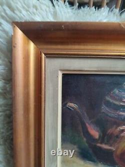 Anonymous oil on canvas Still Life with Teapot and Apples golden wood frame