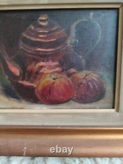 Anonymous oil on canvas Still Life with Teapot and Apples golden wood frame