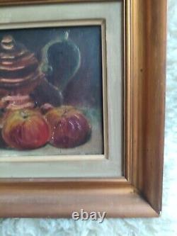 Anonymous oil on canvas Still Life with Teapot and Apples golden wood frame