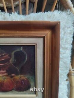 Anonymous oil on canvas Still Life with Teapot and Apples golden wood frame