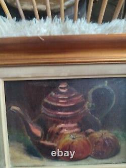 Anonymous oil on canvas Still Life with Teapot and Apples golden wood frame