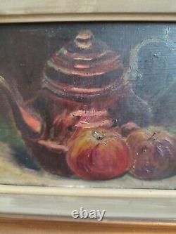 Anonymous oil on canvas Still Life with Teapot and Apples golden wood frame