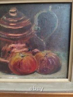 Anonymous oil on canvas Still Life with Teapot and Apples golden wood frame