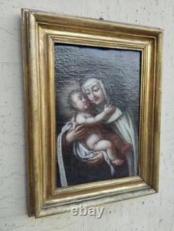Antique 17th Century Square Painting Oil on Canvas of Mary with Child Wooden Frame