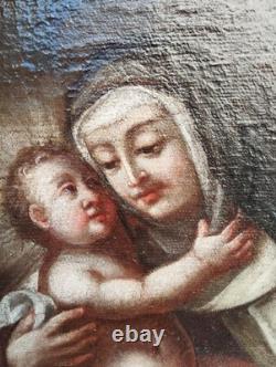 Antique 17th Century Square Painting Oil on Canvas of Mary with Child Wooden Frame