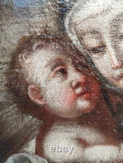 Antique 17th Century Square Painting Oil on Canvas of Mary with Child Wooden Frame