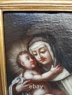 Antique 17th Century Square Painting Oil on Canvas of Mary with Child Wooden Frame