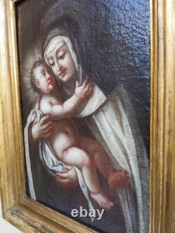 Antique 17th Century Square Painting Oil on Canvas of Mary with Child Wooden Frame