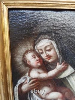 Antique 17th Century Square Painting Oil on Canvas of Mary with Child Wooden Frame