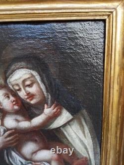 Antique 17th Century Square Painting Oil on Canvas of Mary with Child Wooden Frame