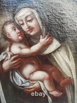 Antique 17th Century Square Painting Oil on Canvas of Mary with Child Wooden Frame