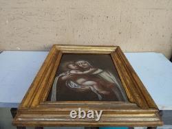Antique 17th Century Square Painting Oil on Canvas of Mary with Child Wooden Frame