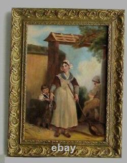 Antique Gilded Frame Oil Painting on Canvas of Peasants, Children, and Dog