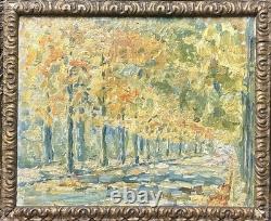 Antique Landscape Road Trees, Impressionist Oil Painting on Hardwood, Framed