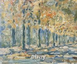 Antique Landscape Road Trees, Impressionist Oil Painting on Hardwood, Framed