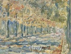 Antique Landscape Road Trees, Impressionist Oil Painting on Hardwood, Framed