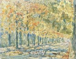 Antique Landscape Road Trees, Impressionist Oil Painting on Hardwood, Framed