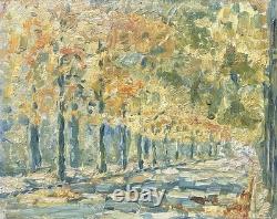 Antique Landscape Road Trees, Impressionist Oil Painting on Hardwood, Framed