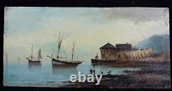 Antique Oil On Panel Representing An Animated Marine Signature Normandy