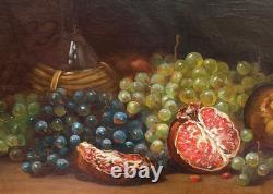 Antique Oil Painting, French School, Still Life with Fruit and Grapes, 19th Century