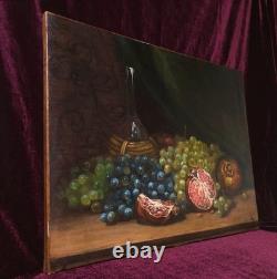 Antique Oil Painting, French School, Still Life with Fruit and Grapes, 19th Century