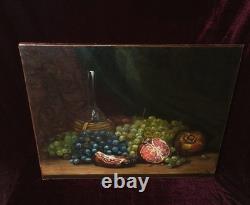 Antique Oil Painting, French School, Still Life with Fruit and Grapes, 19th Century