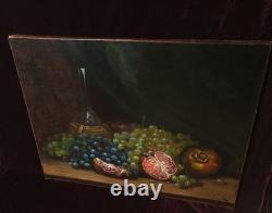 Antique Oil Painting, French School, Still Life with Fruit and Grapes, 19th Century