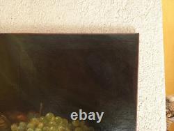 Antique Oil Painting, French School, Still Life with Fruit and Grapes, 19th Century