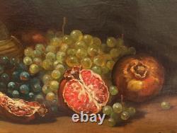 Antique Oil Painting, French School, Still Life with Fruit and Grapes, 19th Century