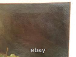 Antique Oil Painting, French School, Still Life with Fruit and Grapes, 19th Century
