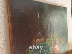 Antique Oil Painting, French School, Still Life with Fruit and Grapes, 19th Century