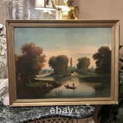 Antique Oil on Canvas 19th Century Fishing Scene with Gilded Wood Frame Decoration