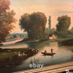Antique Oil on Canvas 19th Century Fishing Scene with Gilded Wood Frame Decoration