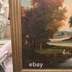 Antique Oil on Canvas 19th Century Fishing Scene with Gilded Wood Frame Decoration