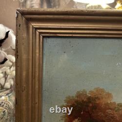 Antique Oil on Canvas 19th Century Fishing Scene with Gilded Wood Frame Decoration