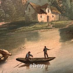 Antique Oil on Canvas 19th Century Fishing Scene with Gilded Wood Frame Decoration