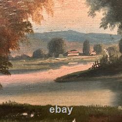 Antique Oil on Canvas 19th Century Fishing Scene with Gilded Wood Frame Decoration