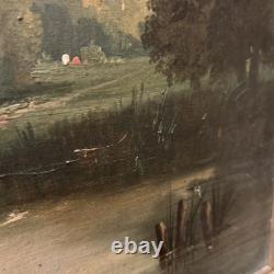 Antique Oil on Canvas 19th Century Fishing Scene with Gilded Wood Frame Decoration