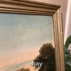 Antique Oil on Canvas 19th Century Fishing Scene with Gilded Wood Frame Decoration