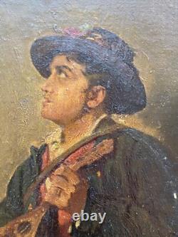 Antique Oil on Wood 19th Century Signed Robert Aurele Mandolin Player