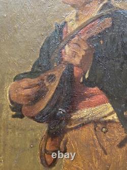 Antique Oil on Wood 19th Century Signed Robert Aurele Mandolin Player