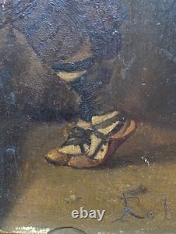 Antique Oil on Wood 19th Century Signed Robert Aurele Mandolin Player